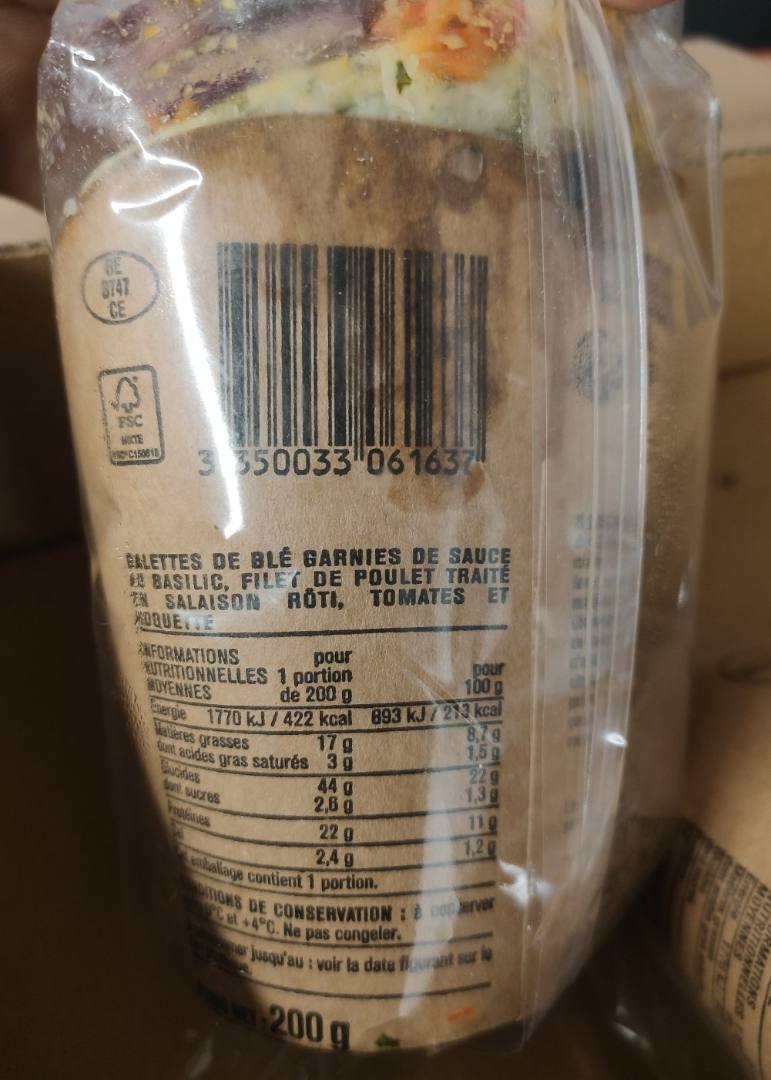 Le wrap poulet basilic Monoprix : photo 3 sur 3 du produit rappelé le 20/10/2022