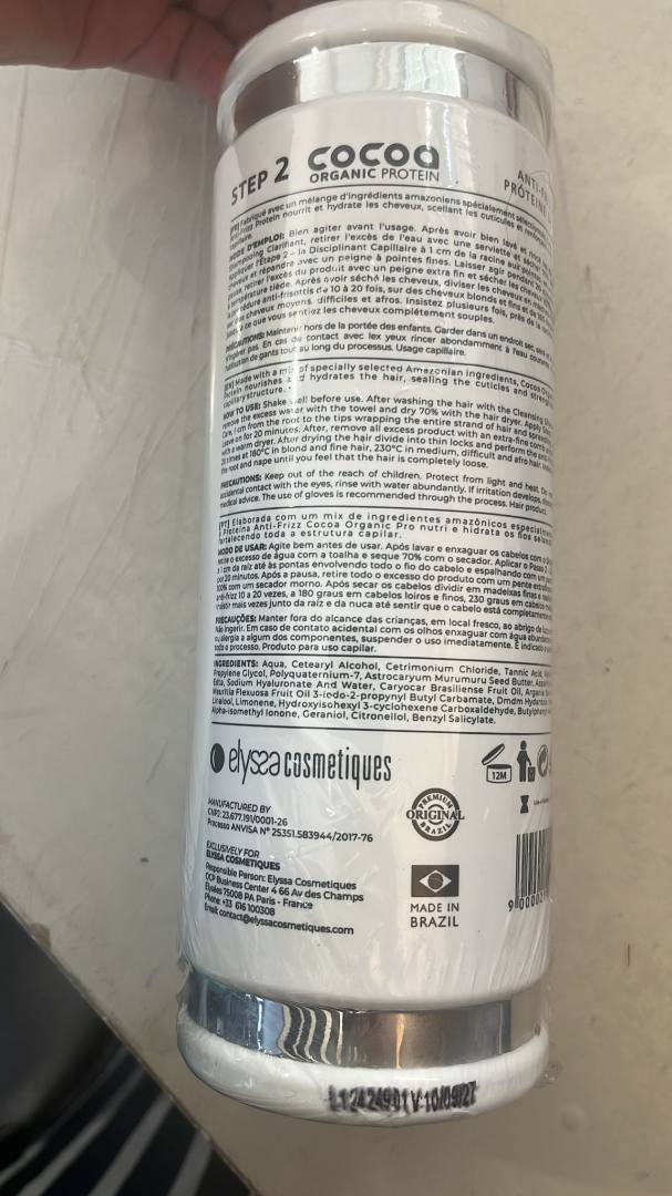 Lissage tanin cocoa organic protéine step 2 – 1l Elyssa Cosmétiques : photo 2 sur 2 du produit rappelé le 18/09/2025
