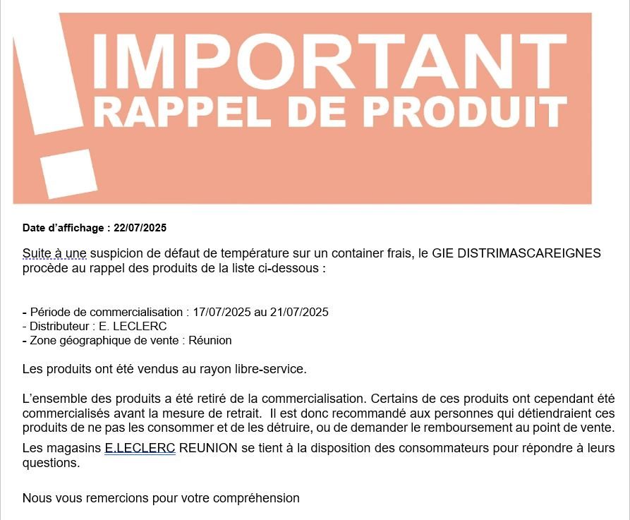 Liste de produit frais (se rapprocher des magasins) Voir Liste : photo du produit rappelé le 23/07/2025
