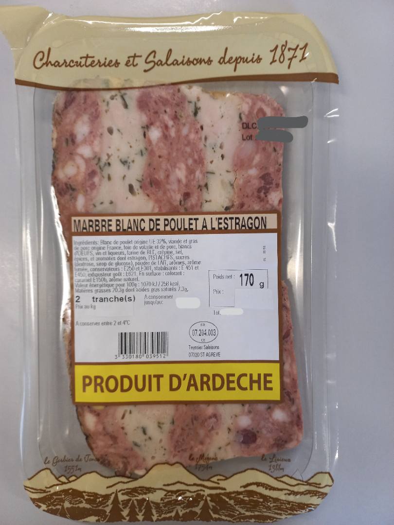 Marbre blanc de poulet a l'estragon Salaisons de la Haute Ardèche : photo du produit rappelé le 25/08/2021