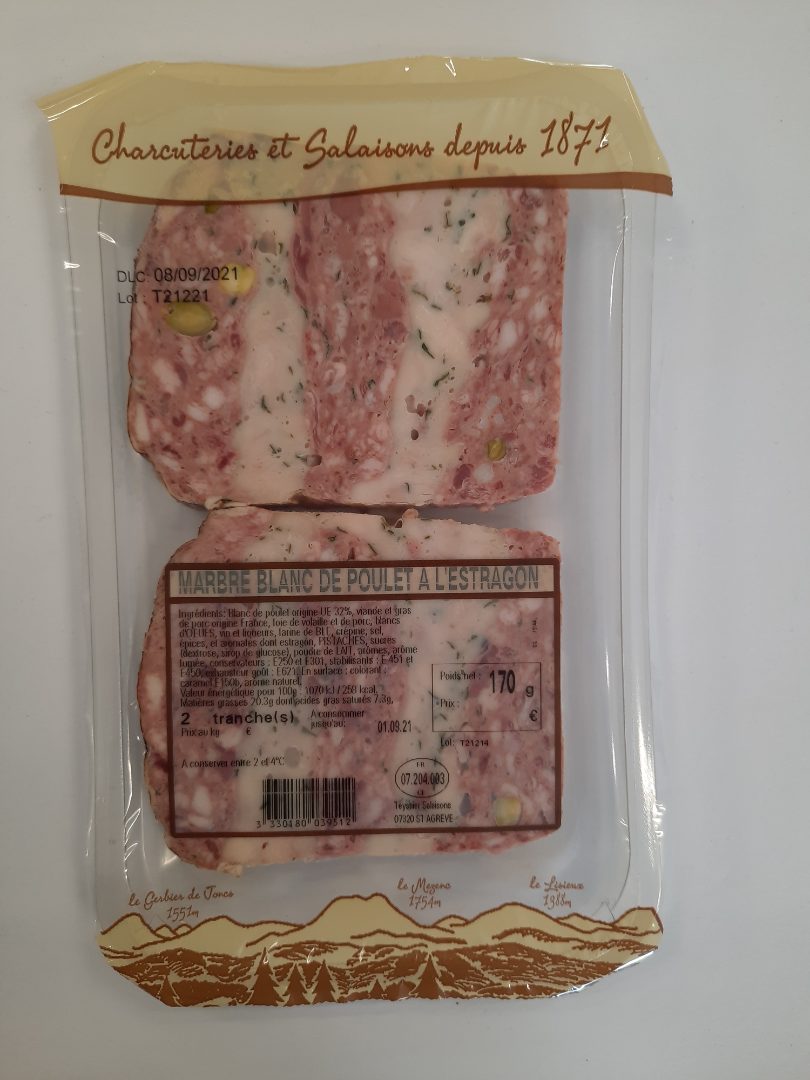 Marbré blanc de poulet estragon x2t 170g Salaison de la Haute Ardèche : photo du produit rappelé le 20/08/2021