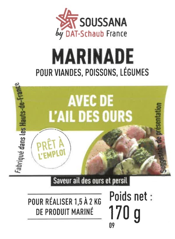 Marinade avec de l'ail des ours Soussana By Dat-Schaub France : photo du produit rappelé le 05/06/2024