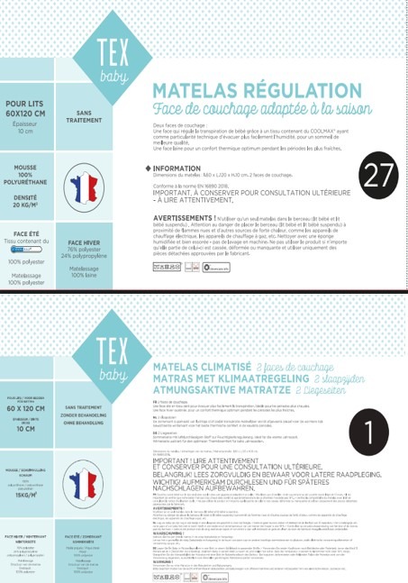 Matelas 60x120 cm Tex Baby : photo du produit rappelé le 03/10/2023