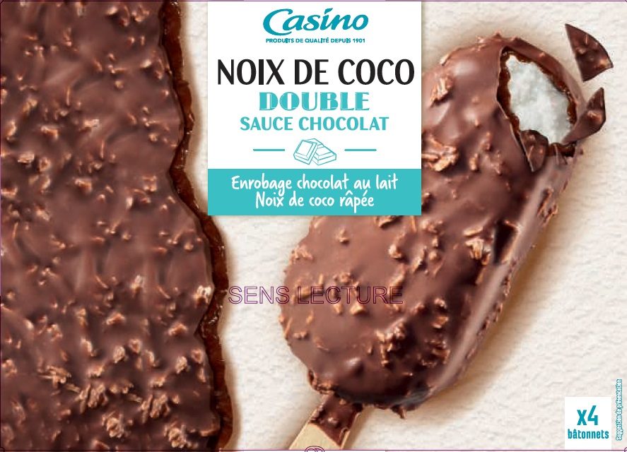 Maxi bâtonnets noix de coco double sauce chocolat enrobage chocolat Casino : photo du produit rappelé le 02/07/2021