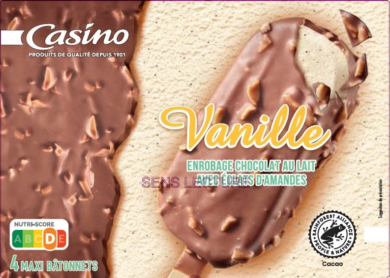 Maxi bâtonnets vanille enrobage chocolat au lait avec éclats Casino : photo du produit rappelé le 07/07/2021