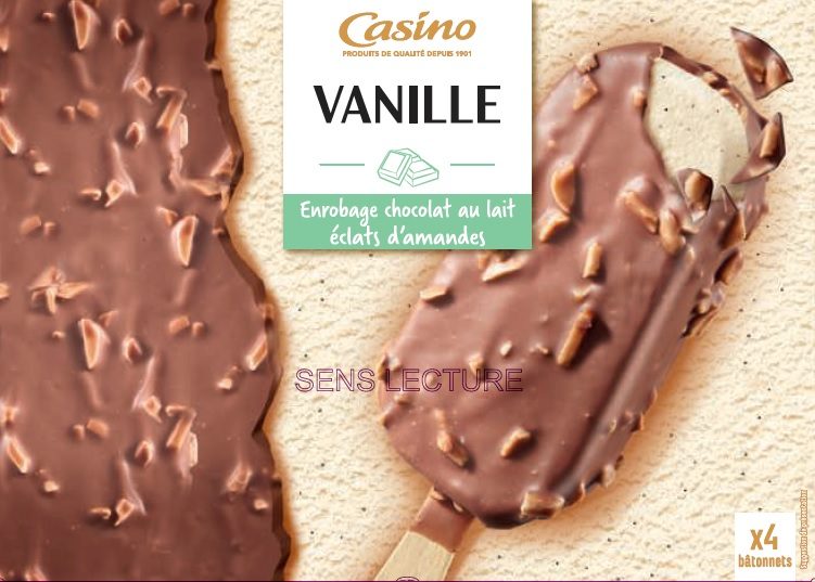 Maxi bâtonnets vanille enrobage chocolat au lait et amandes grillées Casino : photo du produit rappelé le 03/12/2021