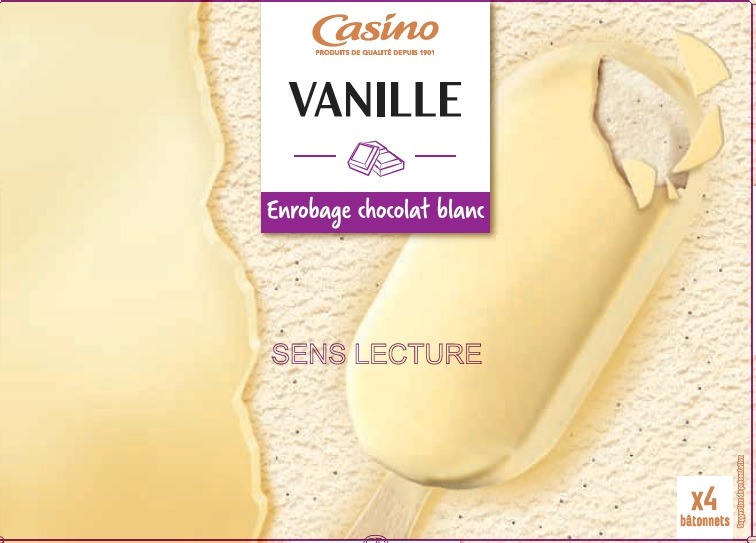 Maxi bâtonnets vanille enrobage chocolat blanc x4 308g / 440ml Casino : photo du produit rappelé le 03/12/2021