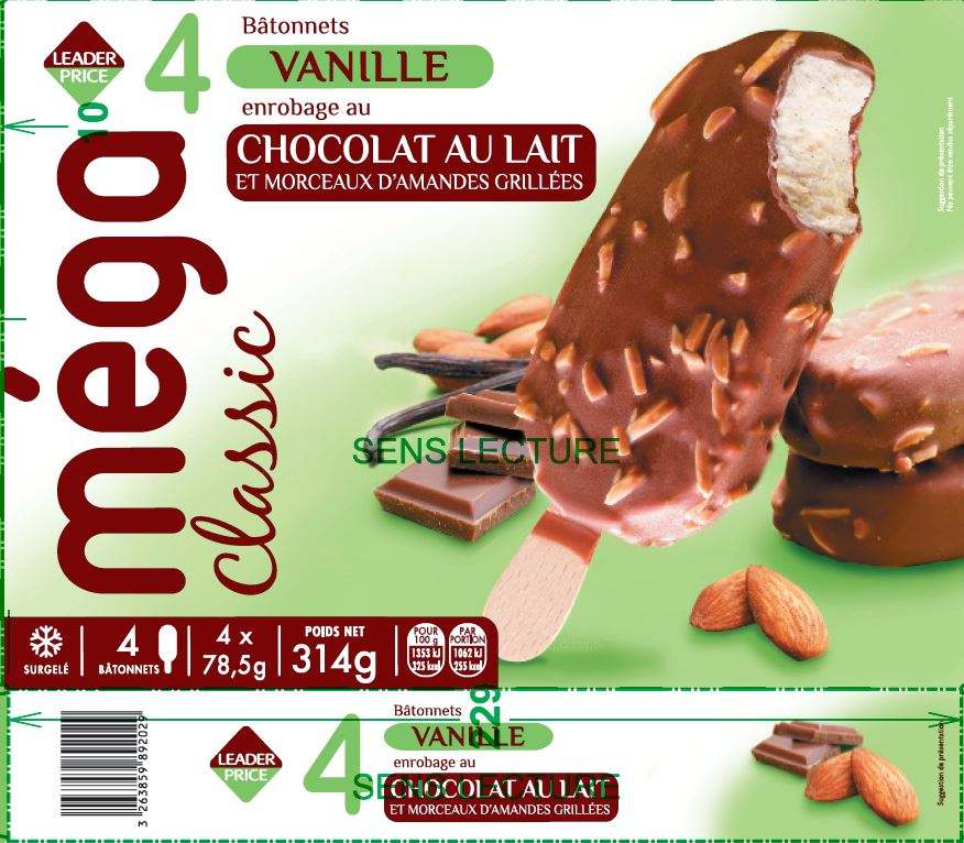 Méga classic bâtonnets vanille enrobage chocolat lait/amande x4 leader : photo du produit rappelé le 03/02/2022
