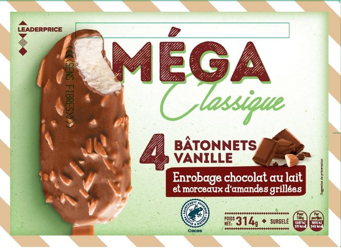 Mega classique 4 bâtonnets vanille chocolat lait amandes 314g leader price : photo du produit rappelé le 21/06/2021