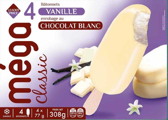 Méga classique – 4 bâtonnets vanille enrobage au chocolat Leader Price : photo du produit rappelé le 03/12/2021