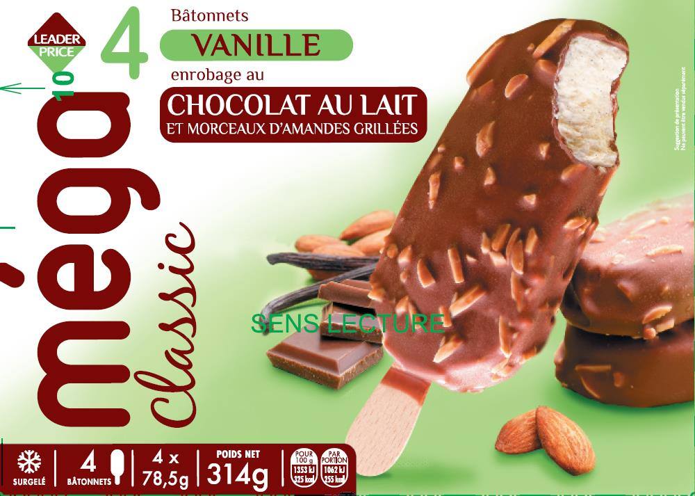 Méga classique – 4 bâtonnets vanille enrobage chocolat au lait Leader Price : photo du produit rappelé le 03/12/2021