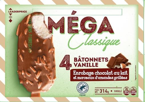 Méga classique – 4 bâtonnets vanille enrobage chocolat au lait Leader Price : photo du produit rappelé le 03/12/2021