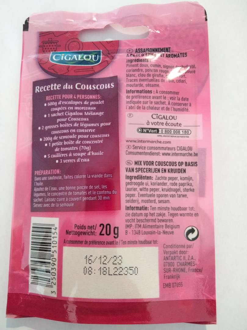 Melange pour couscous Cigalou : photo 2 sur 2 du produit rappelé le 08/02/2023