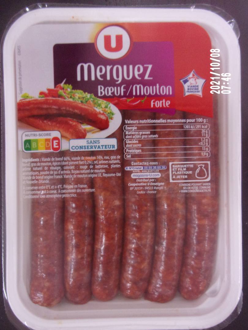 Merguez boeuf/mouton forte u x4 x6 x12 : photo du produit rappelé le 15/10/2021