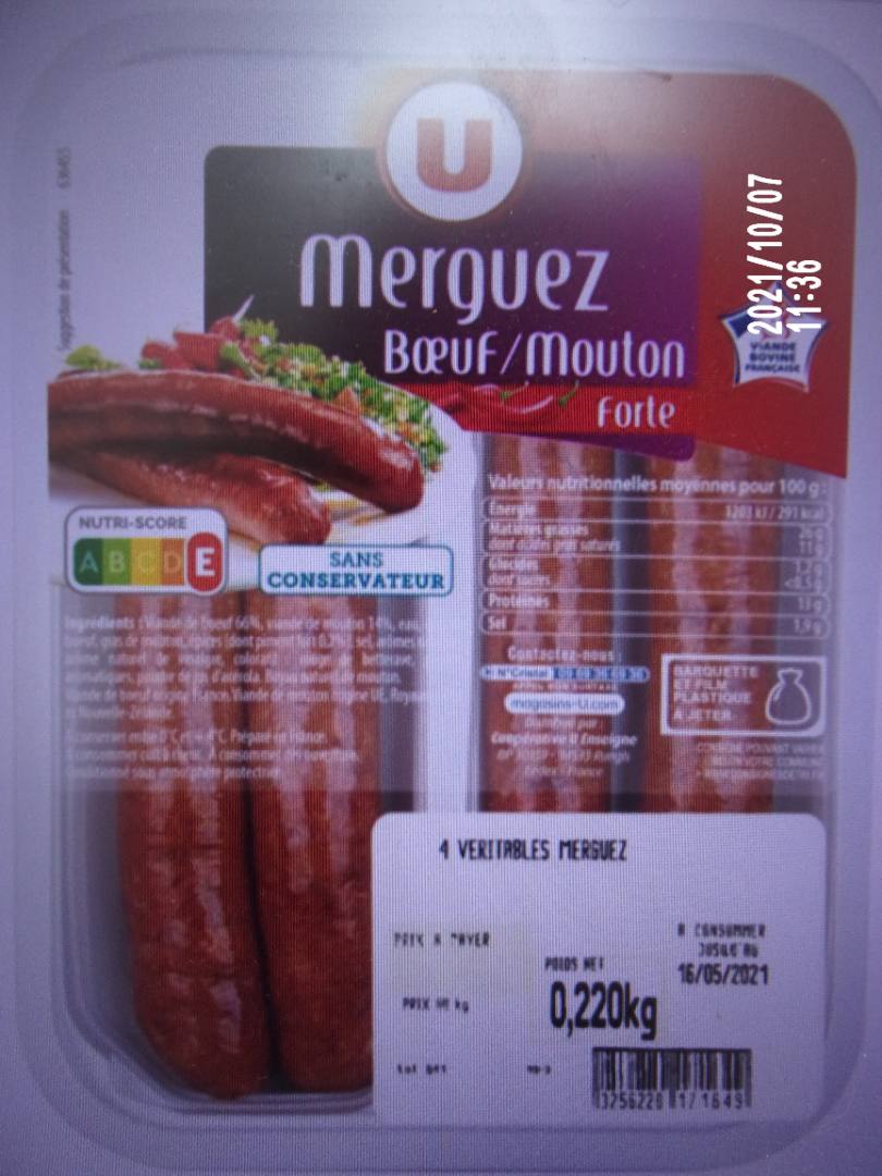 Merguez boeuf/mouton forte x 4 U : photo du produit rappelé le 08/10/2021