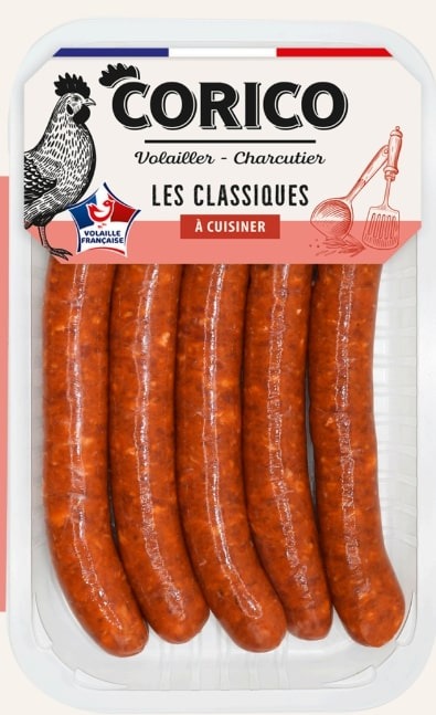Merguez de volaille crue Corico, Atelier de Nos Régions, Neutre : photo du produit rappelé le 13/08/2025