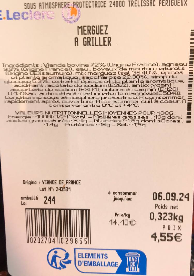 Merguez Leclerc : photo du produit rappelé le 06/09/2024