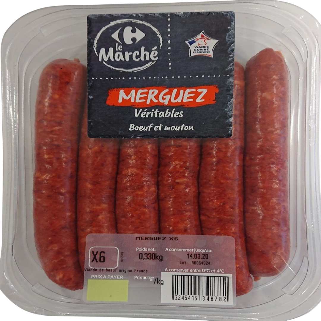 Merguez veritables boeuf mouton x6 Le Marche Carrefour : photo du produit rappelé le 04/08/2023