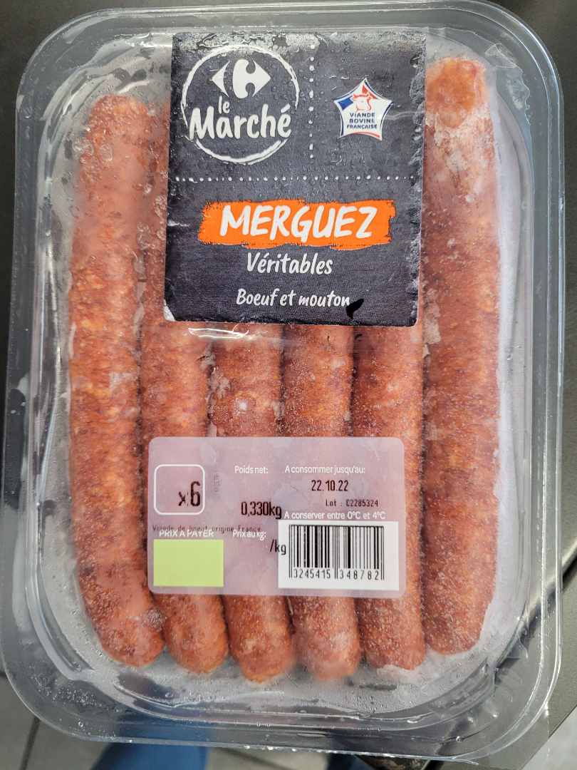 Merguez veritables boeuf mouton x6 Le Marche Carrefour : photo du produit rappelé le 18/10/2022