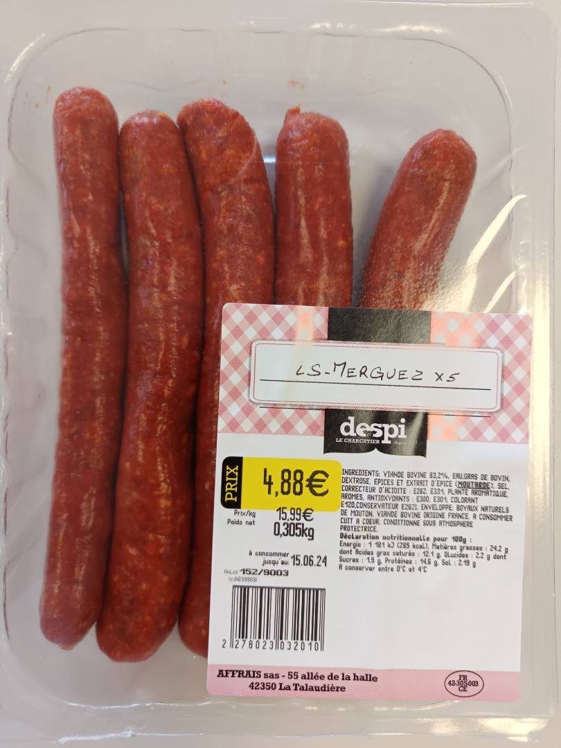 Merguez x5 Despi le Charcutier : photo du produit rappelé le 31/05/2024
