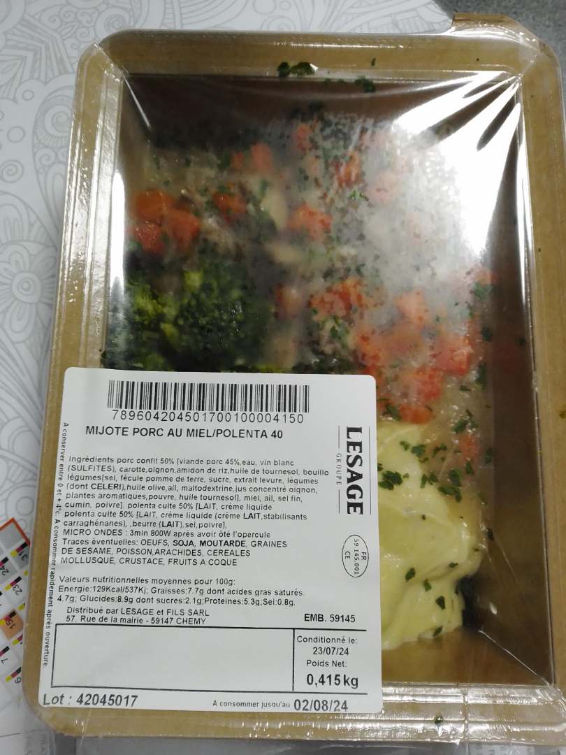 Mijoté porc au miel / polenta Lesage et Fils : photo du produit rappelé le 24/07/2024