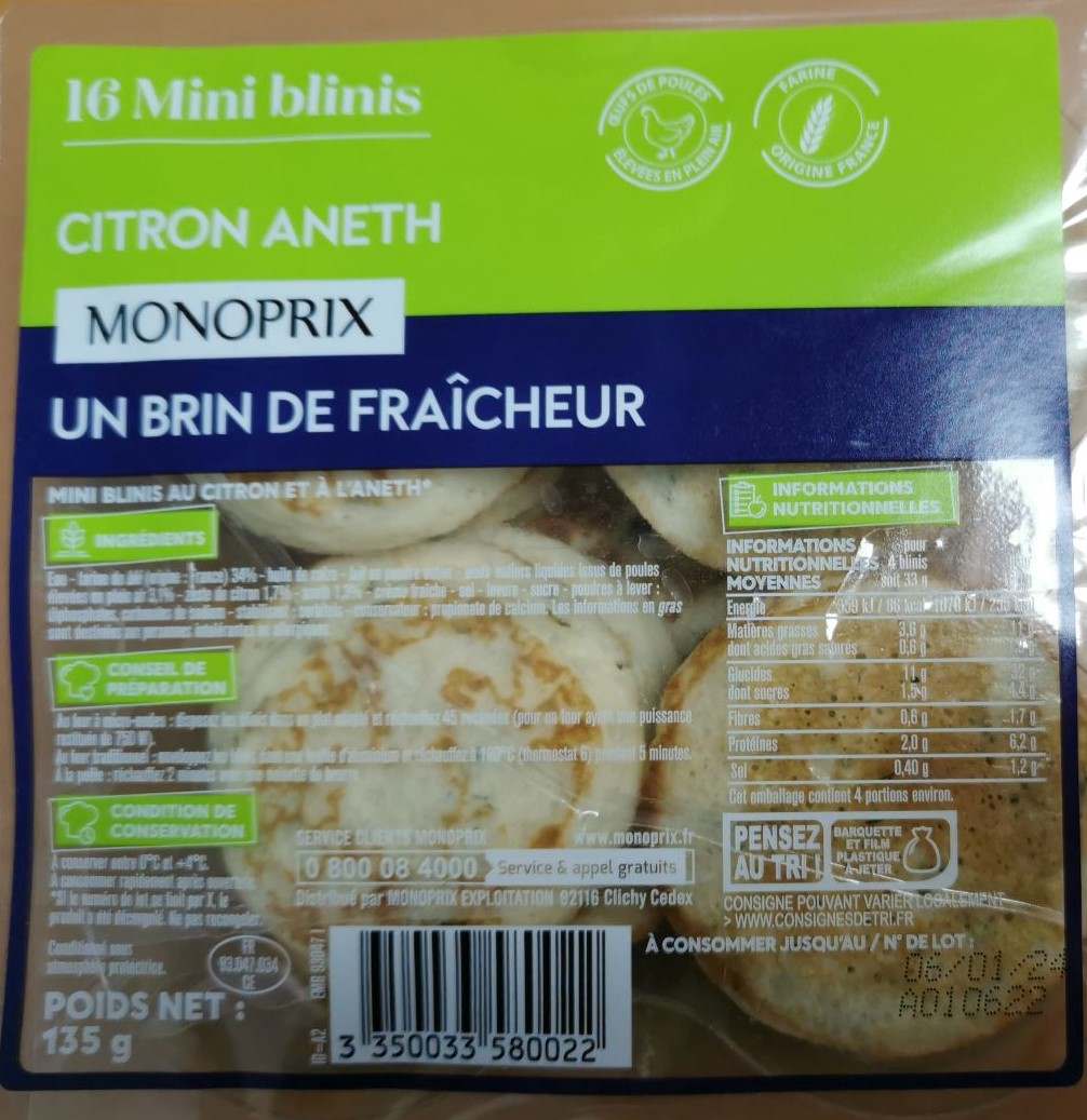 Mini blinis citron aneth Monoprix : photo du produit rappelé le 19/01/2023