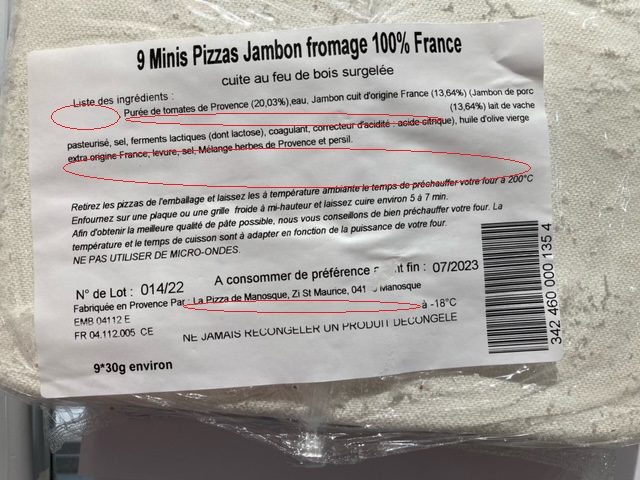 Mini pizza jambon fromage ecomiam La Pizza de Manosque : photo du produit rappelé le 20/04/2022