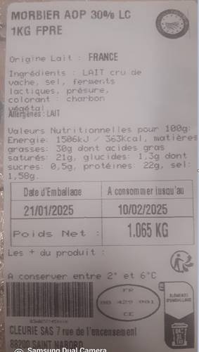 Morbier AOP 30% lc 1kg / 2kg / 3kg Fpre : photo 2 sur 2 du produit rappelé le 29/01/2025