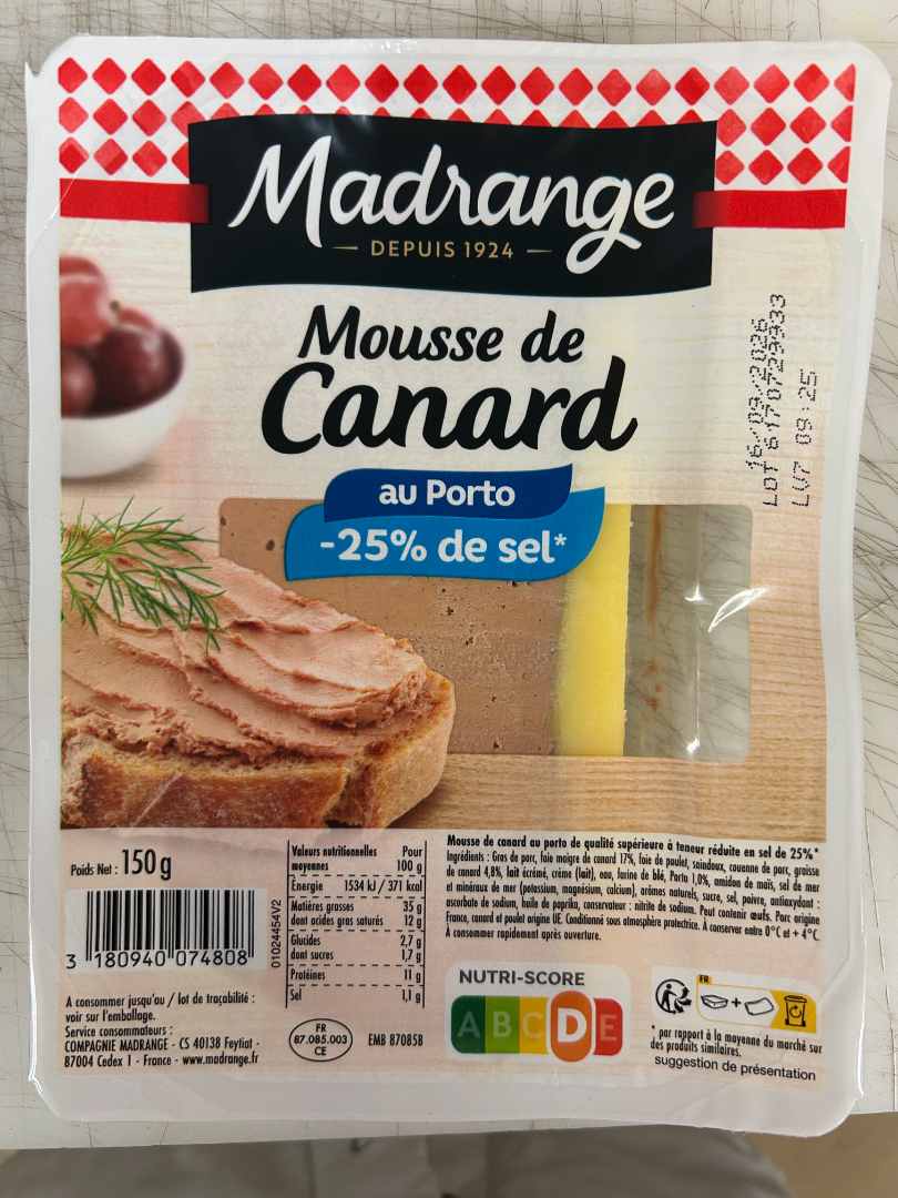 Mousse de canard au porto -25% de sel 150g Madrange : photo du produit rappelé le 20/08/2026