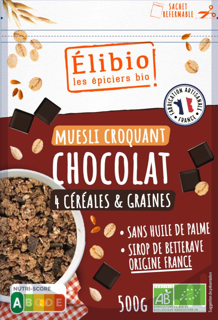 Muesli croquant chocolat Elibio : photo du produit rappelé le 12/07/2024