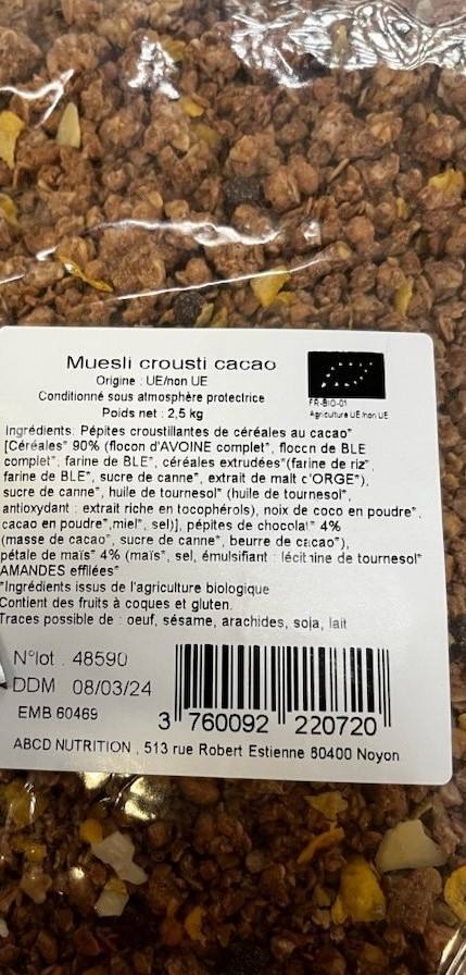 Muesli crousti cacao bio - vrac Biothentic - Rayon Epicerie Vrac - LS : photo du produit rappelé le 20/11/2023