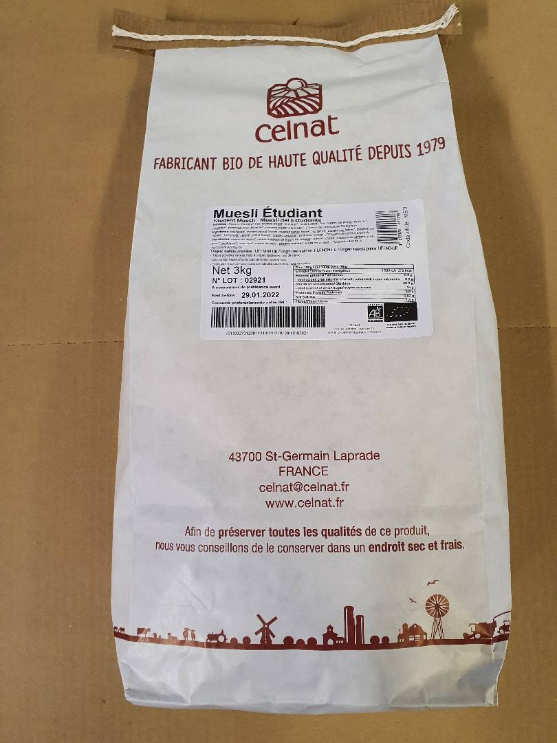 Muesli etudiant - 3kg Celnat : photo du produit rappelé le 07/04/2021
