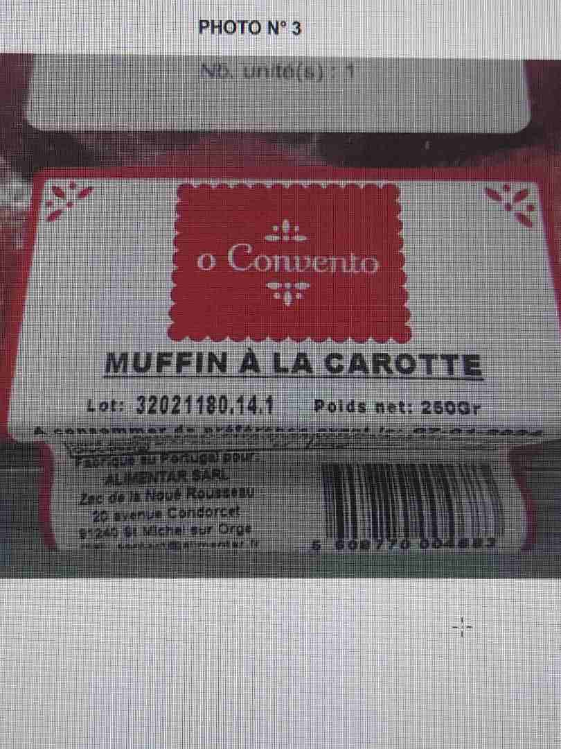 Muffin a la carotte O Convento : photo du produit rappelé le 11/01/2024