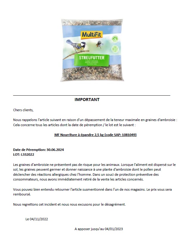 Multi fit nourriture à répandre 2,5kg : photo du produit rappelé le 14/11/2022