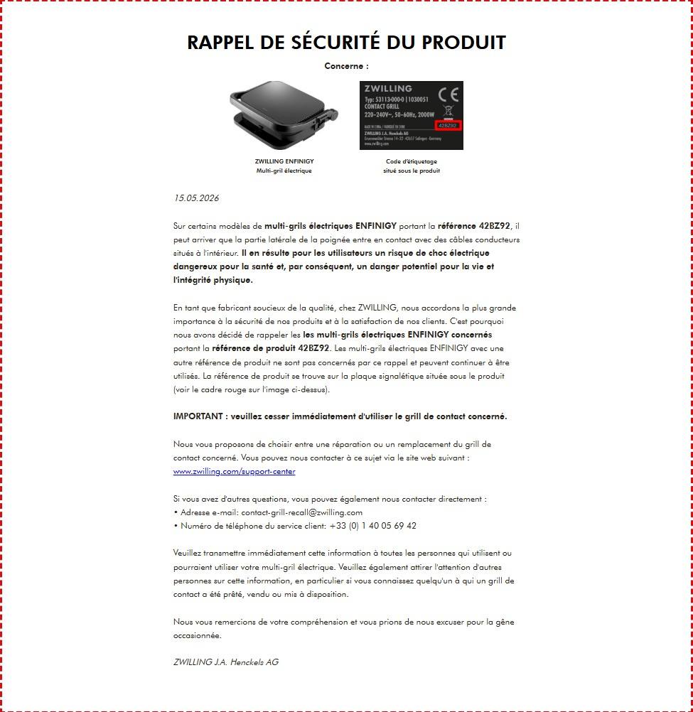 Multi-gril électrique, zwilling enfinigy noir mat : photo 2 sur 2 du produit rappelé le 04/08/2026