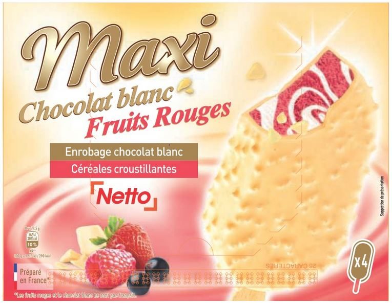Netto maxi batonnet chocolat blanc - fruits rouges : photo du produit rappelé le 25/02/2022