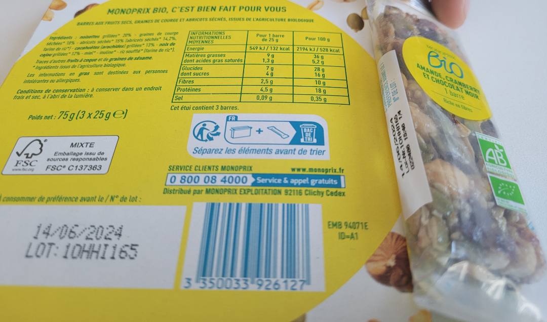 Noisette, graines de courge et abricot 3 barres Monoprix BIO : photo 2 sur 2 du produit rappelé le 22/08/2023