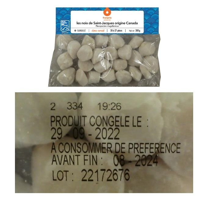 Noix de saint-jacques sans corail du canada msc surgelés - Franprix - 300g : photo du produit rappelé le 22/05/2023