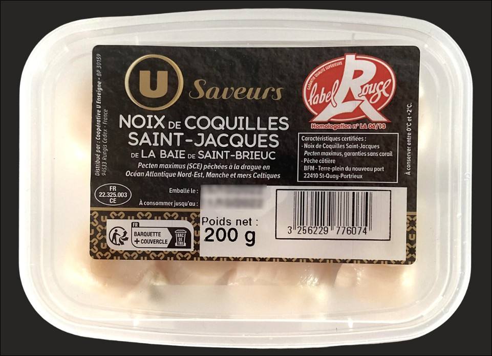Noix st jacques lr usaveurs 200 g et 400 g pêchées ane U Saveurs : photo du produit rappelé le 26/10/2026