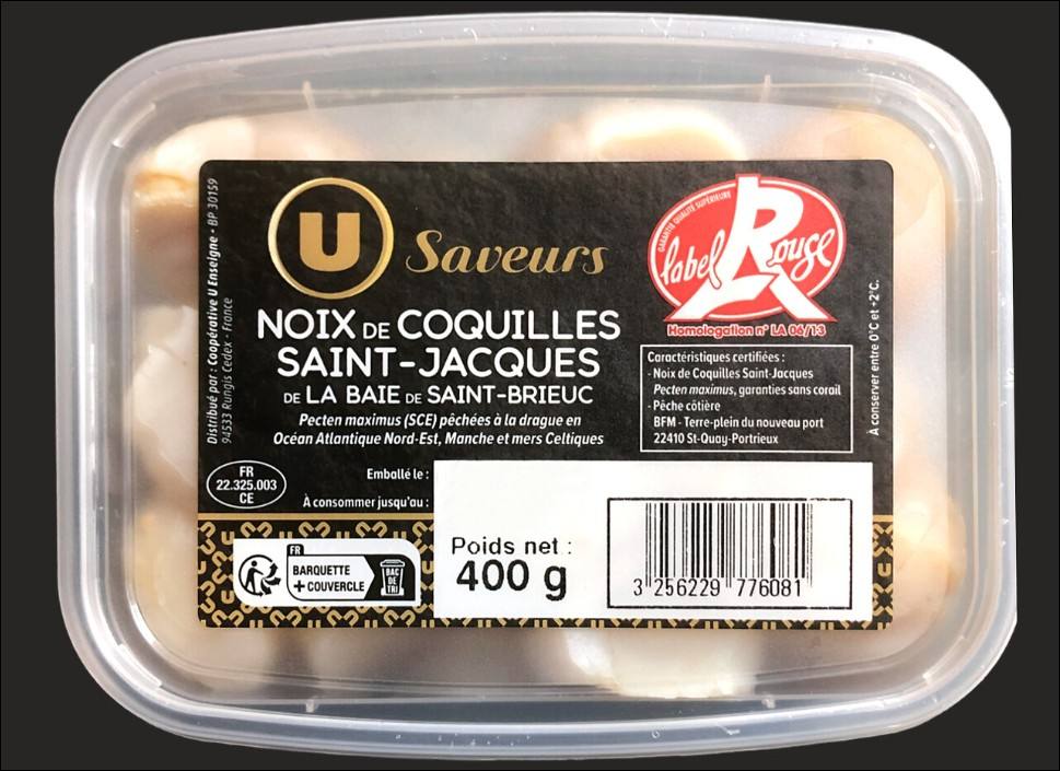 Noix st jacques lr usaveurs 200 g et 400 g pêchées ane U Saveurs : photo 2 sur 2 du produit rappelé le 26/10/2026