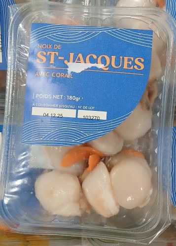 Noix stjacques corail 180g *4p ecos -lbl : photo du produit rappelé le 03/12/2025
