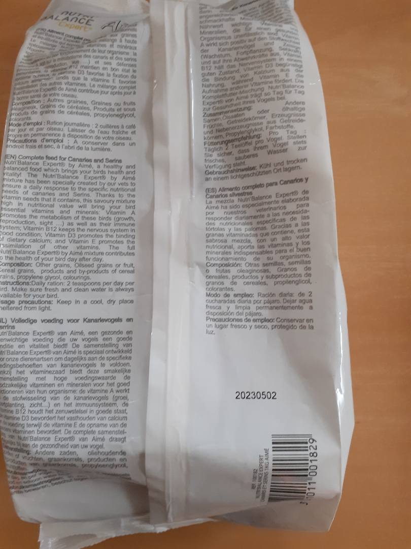 Nutri'balance expert canaris et serins 1kg aime : photo 2 sur 2 du produit rappelé le 22/02/2022