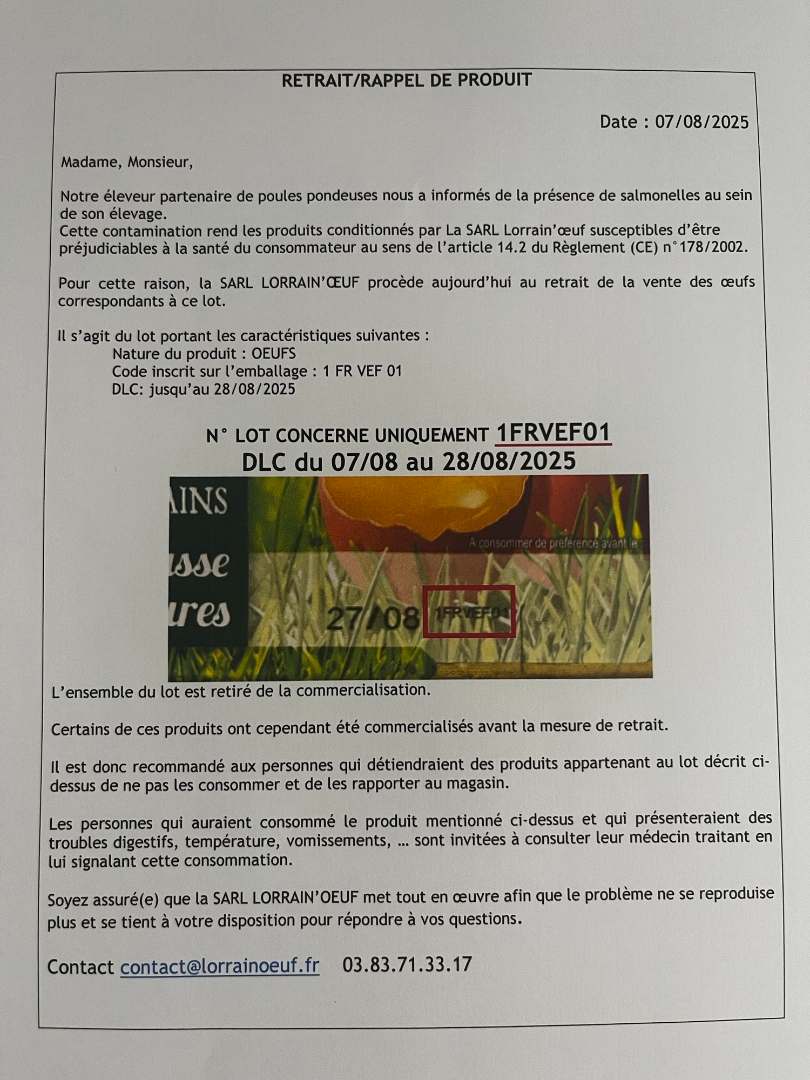 Oeuf Lorrain'oeuf : photo du produit rappelé le 14/08/2025
