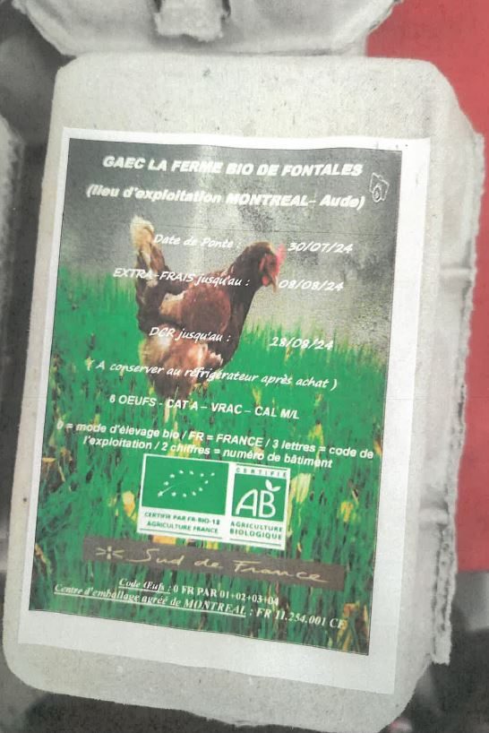 Oeufs bio La Ferme BIO de Fontales : photo du produit rappelé le 09/08/2024