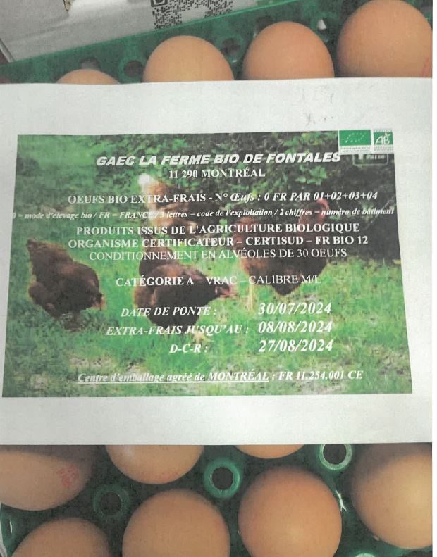 Oeufs bio La Ferme BIO de Fontales : photo 2 sur 2 du produit rappelé le 09/08/2024
