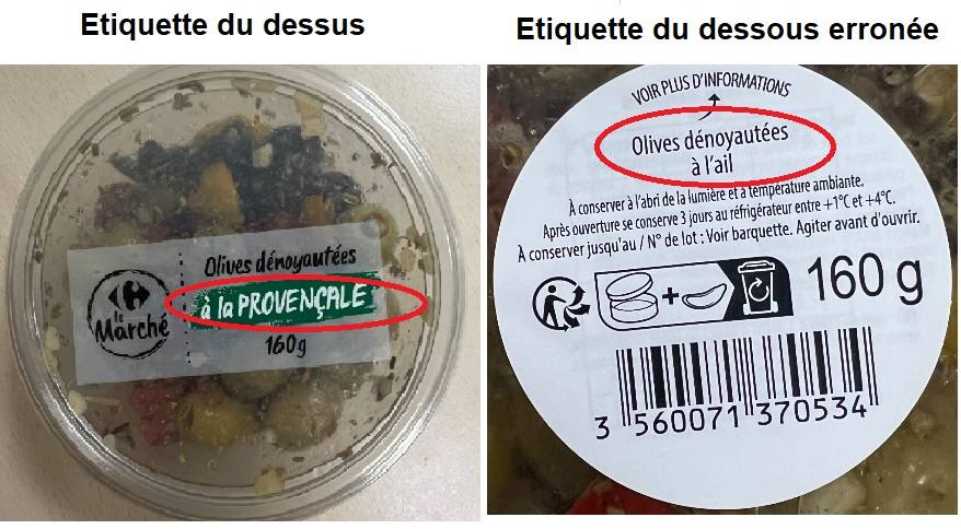 Olives dénoyautées a la provencale 160 g Carrefour le marché : photo du produit rappelé le 14/08/2026
