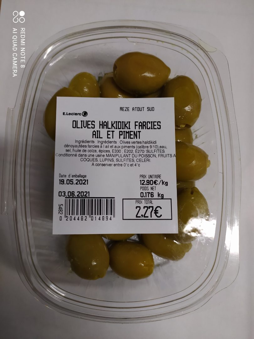 Olives halkidiki farcies ail et piment : photo du produit rappelé le 21/05/2021
