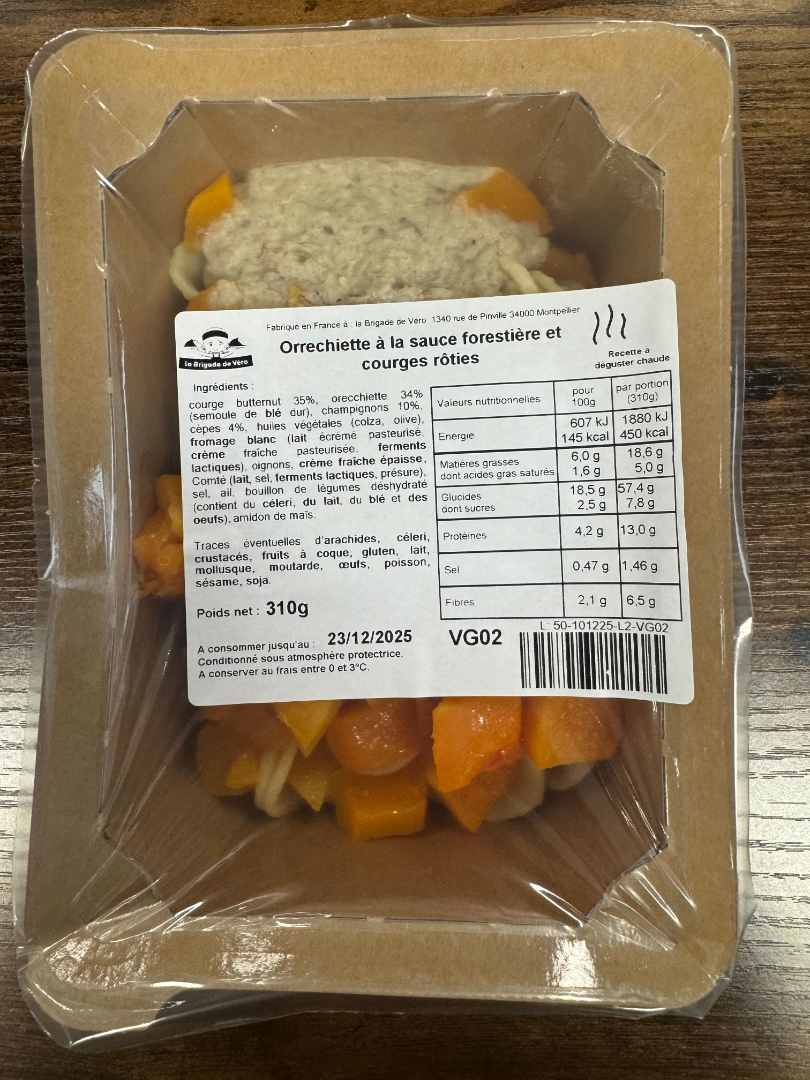 Orrechiette à la sauce forestière et courges rôties La Brigade de Vero : photo du produit rappelé le 17/12/2025