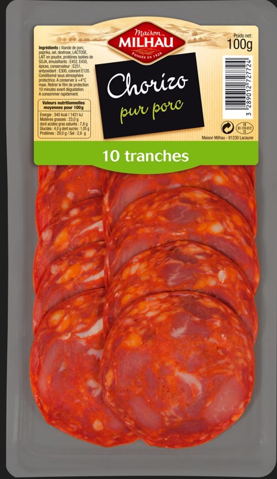 Pack chorizo 10 tranches 100gr Maison Milhau : photo du produit rappelé le 05/12/2022