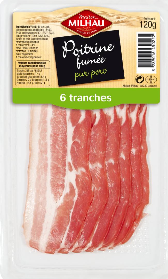 Pack poitrine fumée 6 tranches 100g Maison Milhau : photo du produit rappelé le 16/01/2023